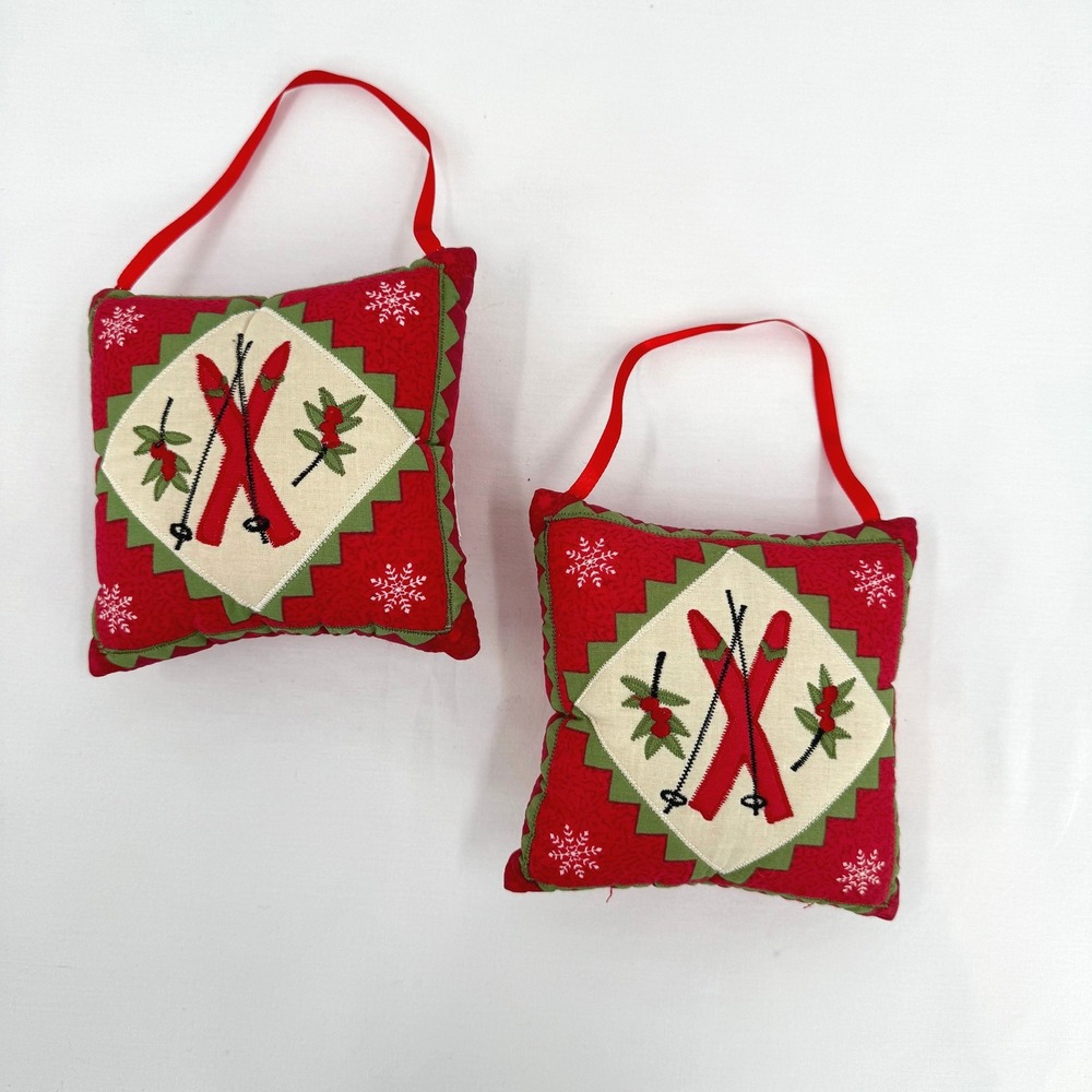 Set of 2 Vintage Winter Ski Embroidered Stuffed Hanging Decorations Red Green